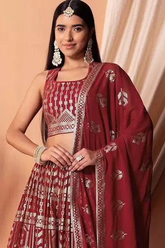 maroon georgette embroidered lehenga choli with dupatta