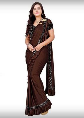 brown sequin embroidered lycra blend ready to wear saree with unstitched blouse 1