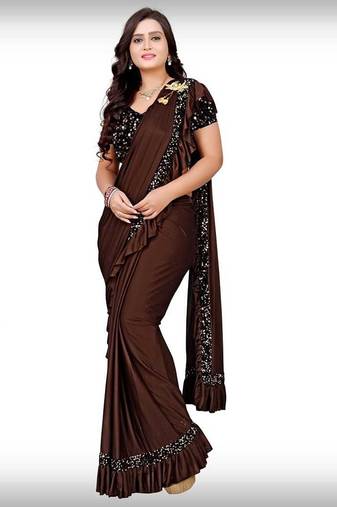 brown sequin embroidered lycra blend ready to wear saree with unstitched blouse