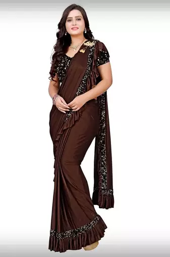 brown sequin embroidered lycra blend ready to wear saree with unstitched blouse