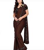 brown sequin embroidered lycra blend ready to wear saree with unstitched blouse