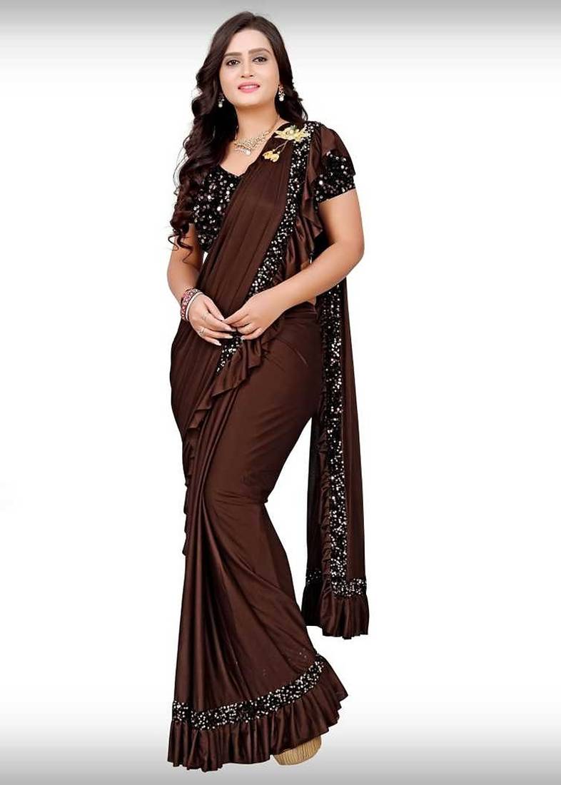 brown sequin embroidered lycra blend ready to wear saree with unstitched blouse