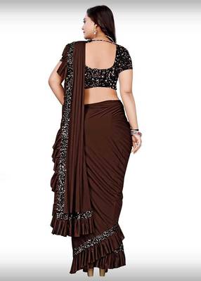 brown sequin embroidered lycra blend ready to wear saree with unstitched blouse 2