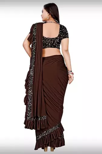 brown sequin embroidered lycra blend ready to wear saree with unstitched blouse