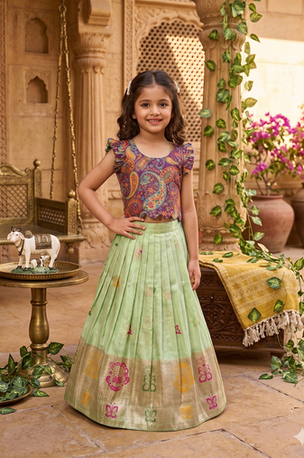 Girls seagreen soft tissue butterfly print lehenga choli with 3d weaving work