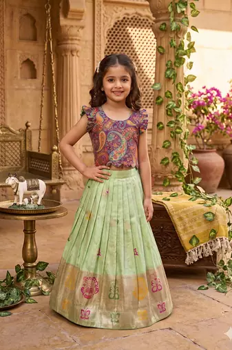 Girls seagreen soft tissue butterfly print lehenga choli with 3d weaving work