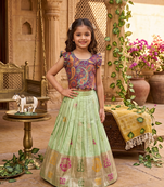 Girls seagreen soft tissue butterfly print lehenga choli with 3d weaving work