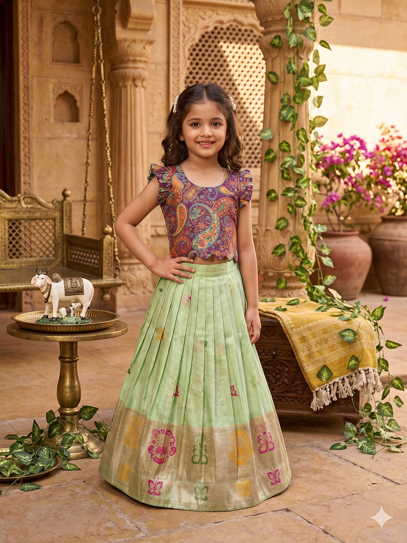 Girls seagreen soft tissue butterfly print lehenga choli with 3d weaving work