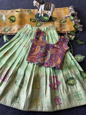 Girls seagreen soft tissue butterfly print lehenga choli with 3d weaving work 2