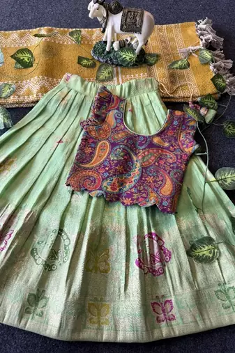 Girls seagreen soft tissue butterfly print lehenga choli with 3d weaving work