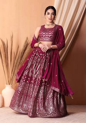 rani pink georgette embroidered lehenga choli with dupatta 1