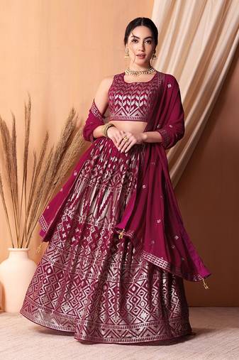 rani pink georgette embroidered lehenga choli with dupatta