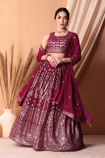 rani pink georgette embroidered lehenga choli with dupatta