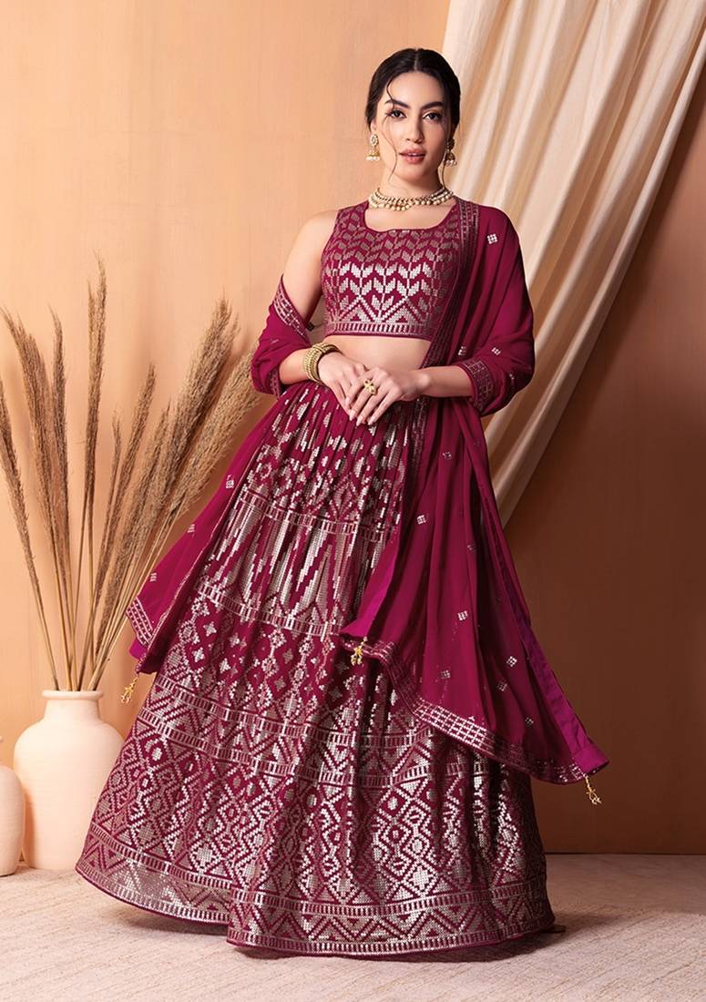 rani pink georgette embroidered lehenga choli with dupatta