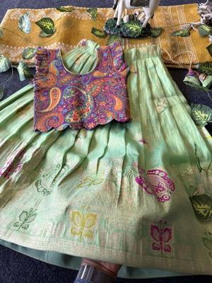 Girls seagreen soft tissue butterfly print lehenga choli with 3d weaving work 3