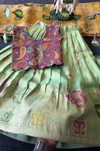 Girls seagreen soft tissue butterfly print lehenga choli with 3d weaving work