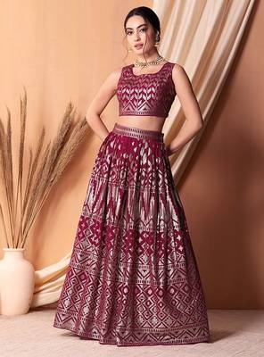 rani pink georgette embroidered lehenga choli with dupatta 2