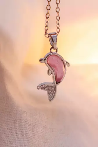 Silver mermaid tail pendant necklace for women | pink stone charm