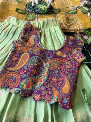 Girls seagreen soft tissue butterfly print lehenga choli with 3d weaving work 4