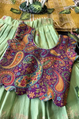 Girls seagreen soft tissue butterfly print lehenga choli with 3d weaving work