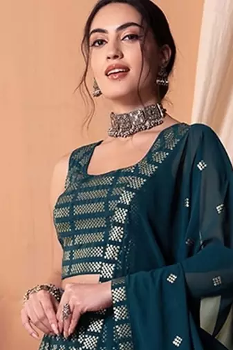 teal blue georgette embroidered lehenga choli with dupatta