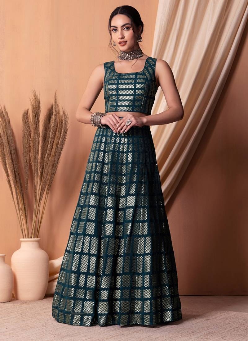 teal blue georgette embroidered lehenga choli with dupatta