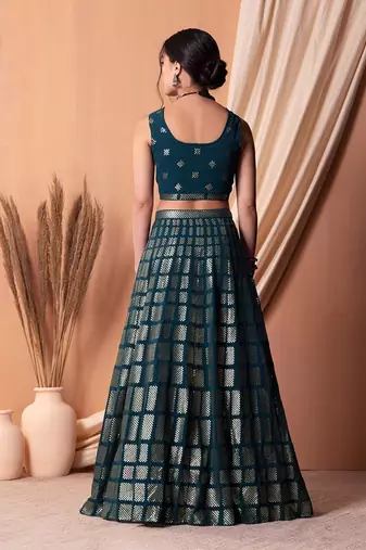 teal blue georgette embroidered lehenga choli with dupatta
