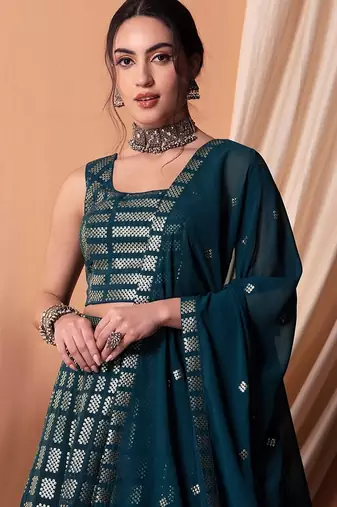 teal blue georgette embroidered lehenga choli with dupatta