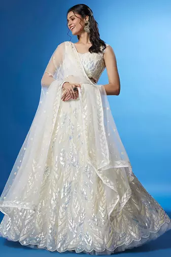 white net embroidered lehenga choli with dupatta