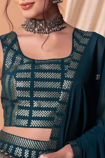 teal blue georgette embroidered lehenga choli with dupatta