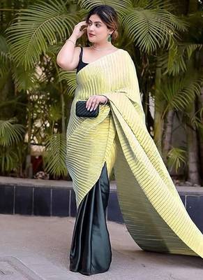 yellow ombre chinnon saree with unstitched blouse 1