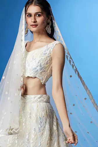 white net embroidered lehenga choli with dupatta