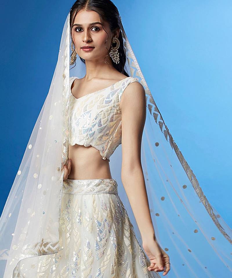 white net embroidered lehenga choli with dupatta