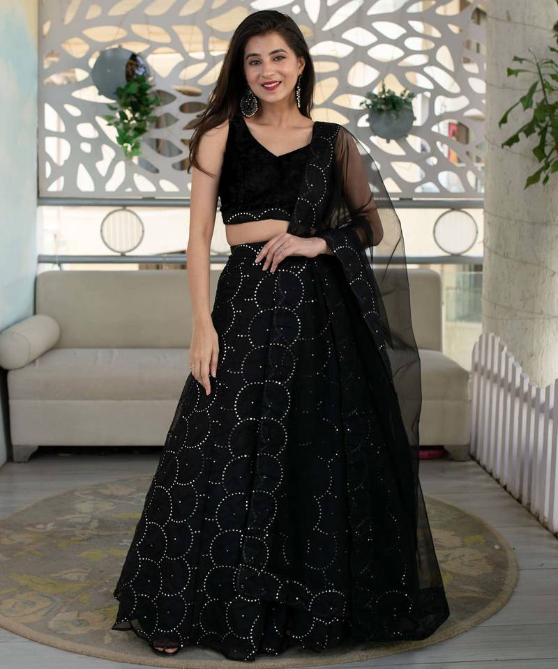 black georgette embroidered lehenga choli with dupatta