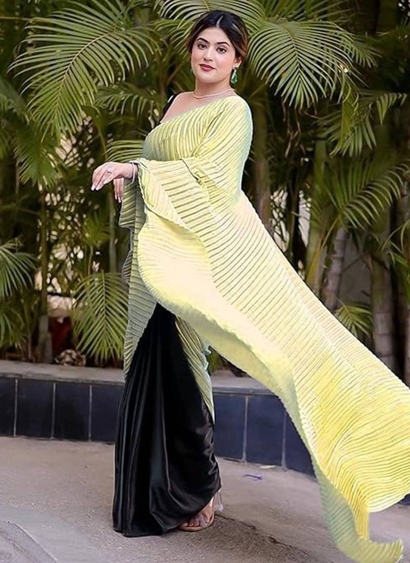 yellow ombre chinnon saree with unstitched blouse