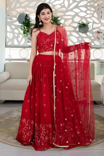red georgette embroidered lehenga choli with dupatta