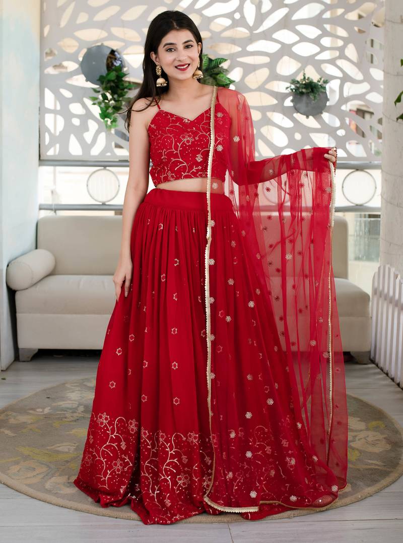 red georgette embroidered lehenga choli with dupatta