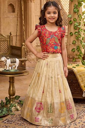 Girls cream soft tissue butterfly print lehenga choli with 3d weaving work