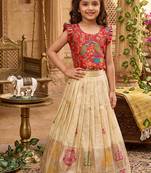 Girls cream soft tissue butterfly print lehenga choli with 3d weaving work