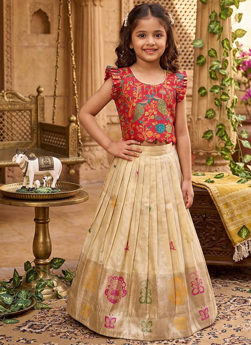 Girls cream soft tissue butterfly print lehenga choli with 3d weaving work