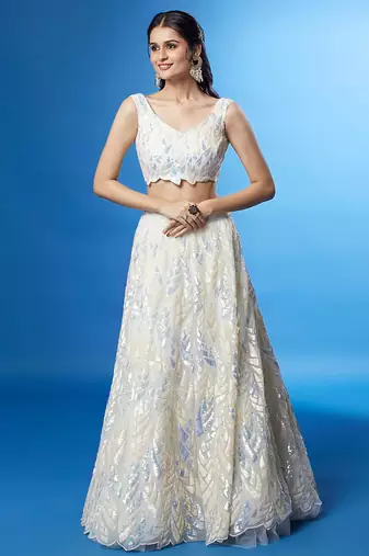 white net embroidered lehenga choli with dupatta