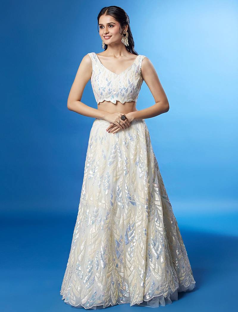 white net embroidered lehenga choli with dupatta