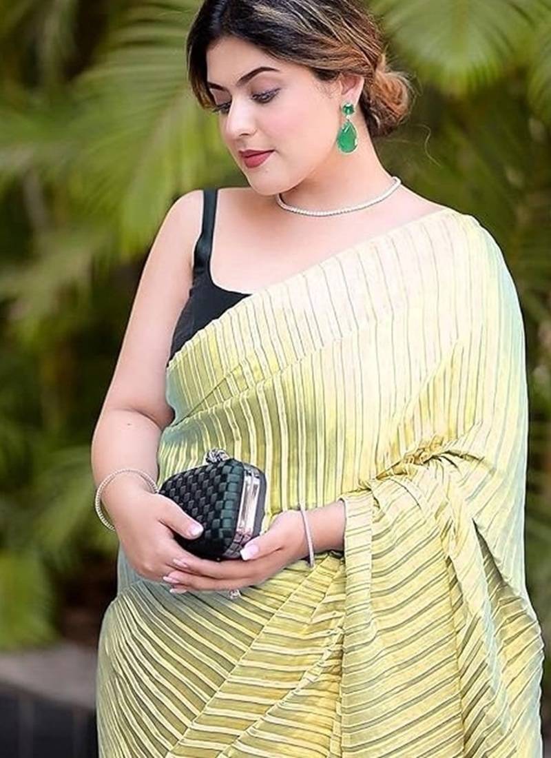yellow ombre chinnon saree with unstitched blouse