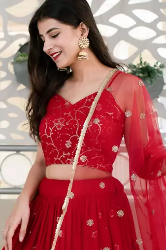 red georgette embroidered lehenga choli with dupatta