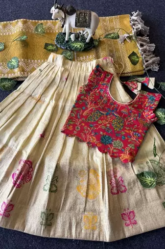 Girls cream soft tissue butterfly print lehenga choli with 3d weaving work
