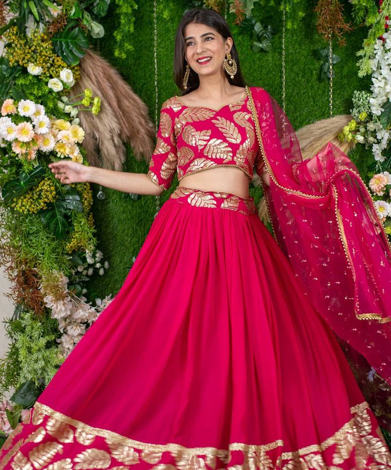 rani pink georgette embroidered lehenga choli with dupatta
