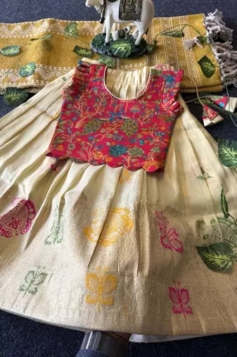 Girls cream soft tissue butterfly print lehenga choli with 3d weaving work