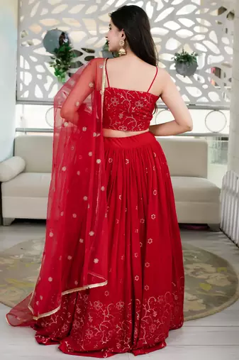 red georgette embroidered lehenga choli with dupatta
