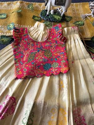 Girls cream soft tissue butterfly print lehenga choli with 3d weaving work 4