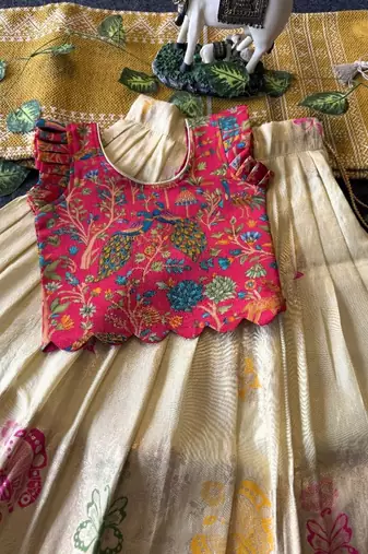 Girls cream soft tissue butterfly print lehenga choli with 3d weaving work